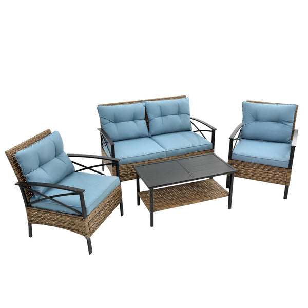 English Elm Patio 4 Piece Sectional Low Dining Conversation Sofa Set with Thick Cushions, Steel Table, Easy Assembly and Durable Rattan Wicker for Outdoor Living Blue W640S00033