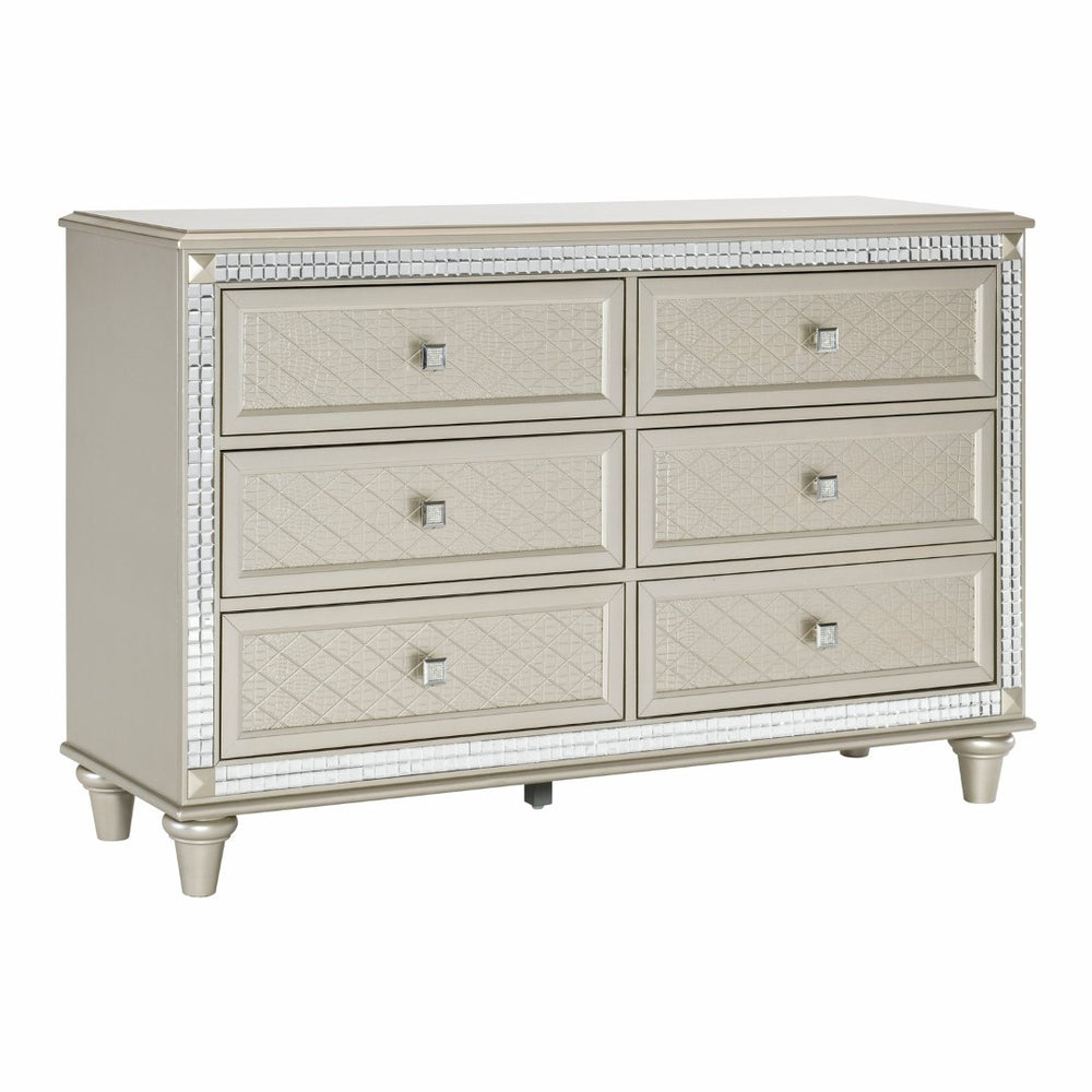 English Elm Luxury Six Drawer Champagne Dresser with Crystal Knobs and Mirrored Trim Glam Bedroom B01182314