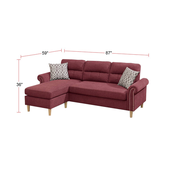 English Elm Velvet Reversible Sectional Sofa Paprika Red with Tufted Back, Rolled Arms & Nailhead Trim, Durable Frame B01682327
