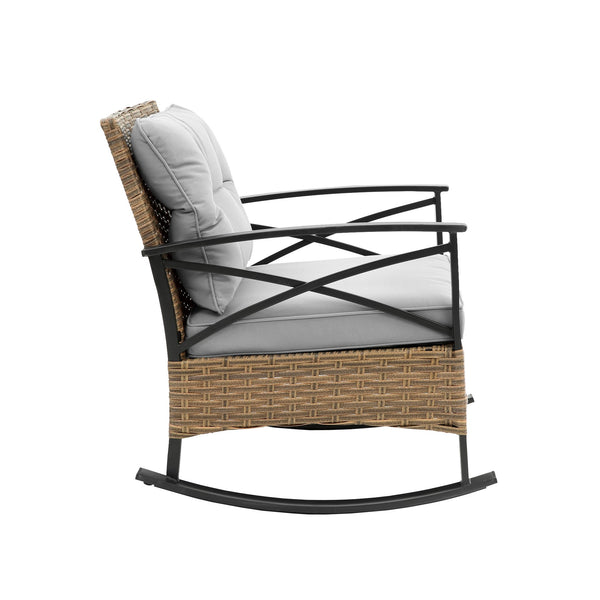English Elm 3pcs outdoor rocking rattan set with sturdy steel frame, weatherproof wicker and cozy cushions for relaxing Grey W640134152