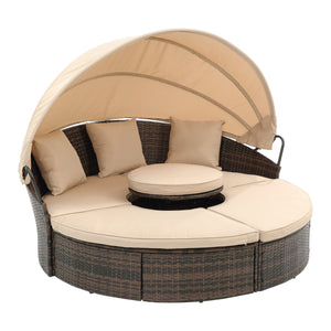 English Elm Hot KD Rattan Round Lounge Canopy Bed - All-Weather Wicker Daybed with Retractable Shade, Deep Seating Comfort and Removable Cushions Beige W640S00035