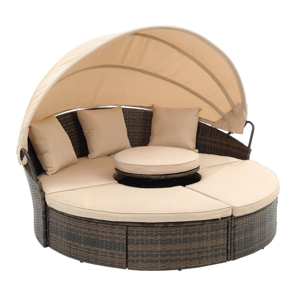 English Elm Hot KD Rattan Round Lounge Canopy Bed - All-Weather Wicker Daybed with Retractable Shade, Deep Seating Comfort and Removable Cushions Beige W640S00035