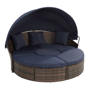 English Elm Hot KD Rattan Round Lounge Canopy Bed - All-Weather Wicker Daybed with Retractable Shade, Deep Seating Comfort and Removable Cushions Navy Blue W640S00034
