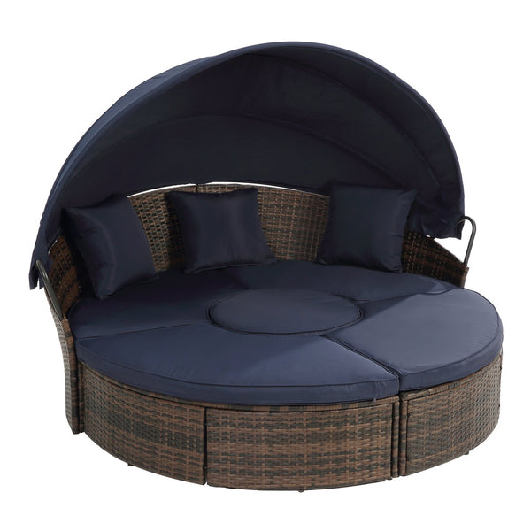 English Elm Hot KD Rattan Round Lounge Canopy Bed - All-Weather Wicker Daybed with Retractable Shade, Deep Seating Comfort and Removable Cushions Navy Blue W640S00034