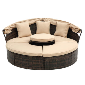 English Elm Hot KD Rattan Round Lounge Canopy Bed - All-Weather Wicker Daybed with Retractable Shade, Deep Seating Comfort and Removable Cushions Beige W640S00035