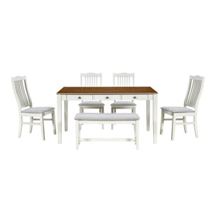 English Elm Topmax Mid-century Six Piece Rubberwood Dining Set with Storage Drawer and Upholstered Seating White N717S000006A