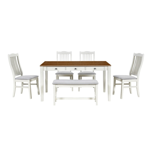 English Elm Topmax Mid-century Six Piece Rubberwood Dining Set with Storage Drawer and Upholstered Seating White N717S000006A