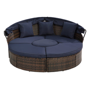 English Elm Hot KD Rattan Round Lounge Canopy Bed - All-Weather Wicker Daybed with Retractable Shade, Deep Seating Comfort and Removable Cushions Navy Blue W640S00034