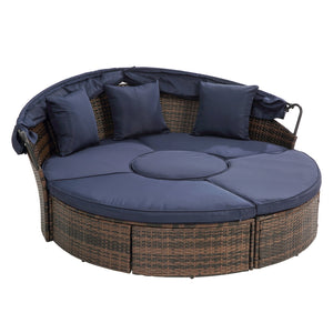 English Elm Hot KD Rattan Round Lounge Canopy Bed - All-Weather Wicker Daybed with Retractable Shade, Deep Seating Comfort and Removable Cushions Navy Blue W640S00034