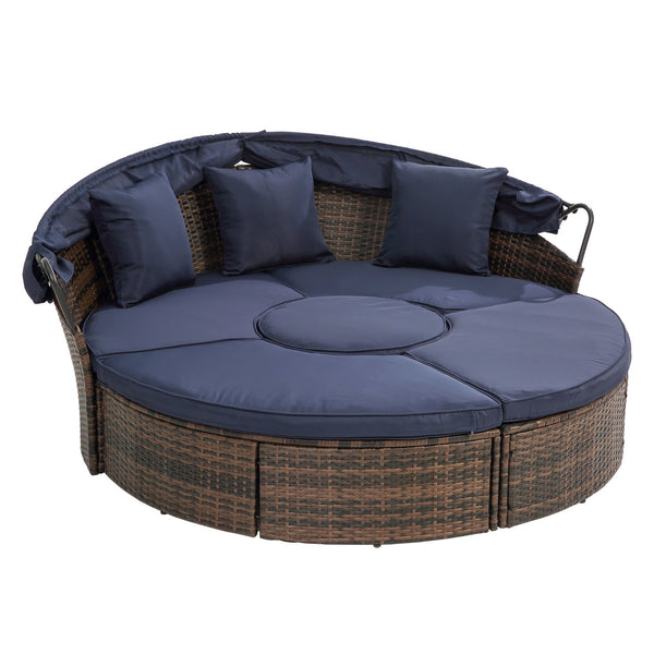 English Elm Hot KD Rattan Round Lounge Canopy Bed - All-Weather Wicker Daybed with Retractable Shade, Deep Seating Comfort and Removable Cushions Navy Blue W640S00034