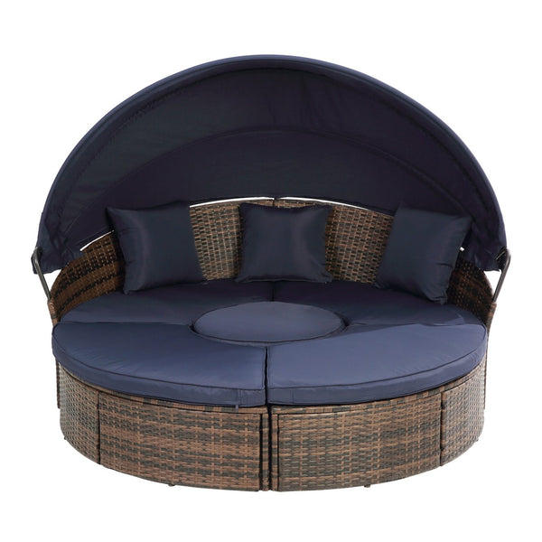 English Elm Hot KD Rattan Round Lounge Canopy Bed - All-Weather Wicker Daybed with Retractable Shade, Deep Seating Comfort and Removable Cushions Navy Blue W640S00034