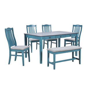 English Elm Topmax Mid-century Six Piece Rubberwood Dining Set with Storage Drawer and Upholstered Seating Blue N717S000006C