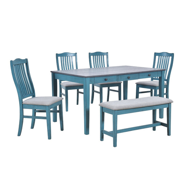 English Elm Topmax Mid-century Six Piece Rubberwood Dining Set with Storage Drawer and Upholstered Seating Blue N717S000006C