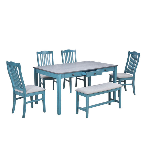 English Elm Topmax Mid-century Six Piece Rubberwood Dining Set with Storage Drawer and Upholstered Seating Blue N717S000006C