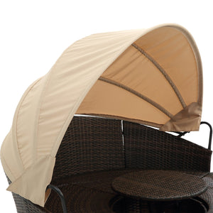 English Elm Hot KD Rattan Round Lounge Canopy Bed - All-Weather Wicker Daybed with Retractable Shade, Deep Seating Comfort and Removable Cushions Beige W640S00035