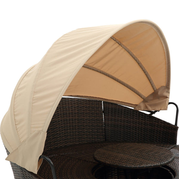 English Elm Hot KD Rattan Round Lounge Canopy Bed - All-Weather Wicker Daybed with Retractable Shade, Deep Seating Comfort and Removable Cushions Beige W640S00035