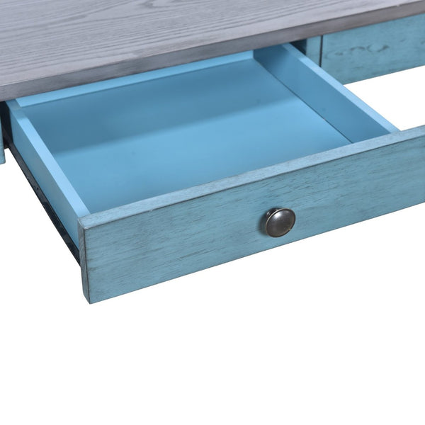 English Elm Topmax Mid-century Six Piece Rubberwood Dining Set with Storage Drawer and Upholstered Seating Blue N717S000006C