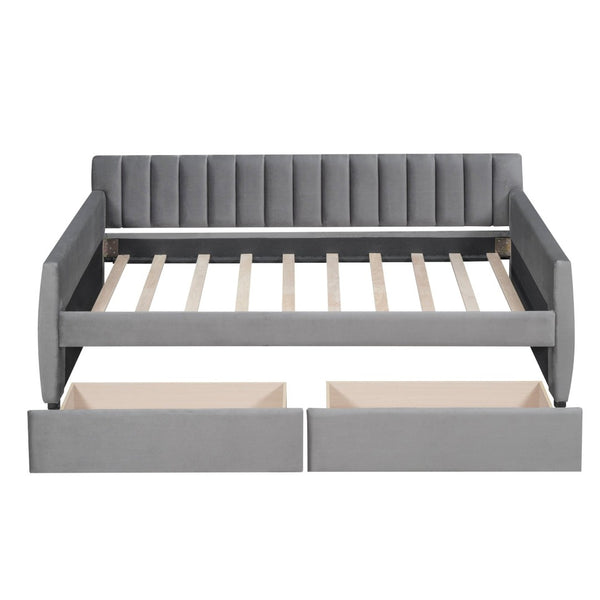 English Elm Twin Velvet Upholstered Daybed with Storage Drawers Wood Slat Base Guest Room Sofa Gray LP000120AAE