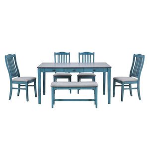 English Elm Topmax Mid-century Six Piece Rubberwood Dining Set with Storage Drawer and Upholstered Seating Blue N717S000006C