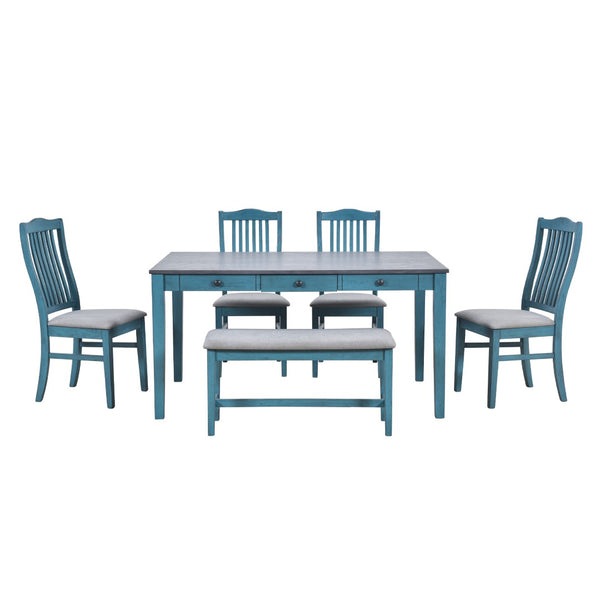 English Elm Topmax Mid-century Six Piece Rubberwood Dining Set with Storage Drawer and Upholstered Seating Blue N717S000006C