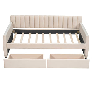 English Elm Twin Velvet Upholstered Daybed with Storage Drawers Wood Slat Base Guest Room Sofa Beige LP000120AAA