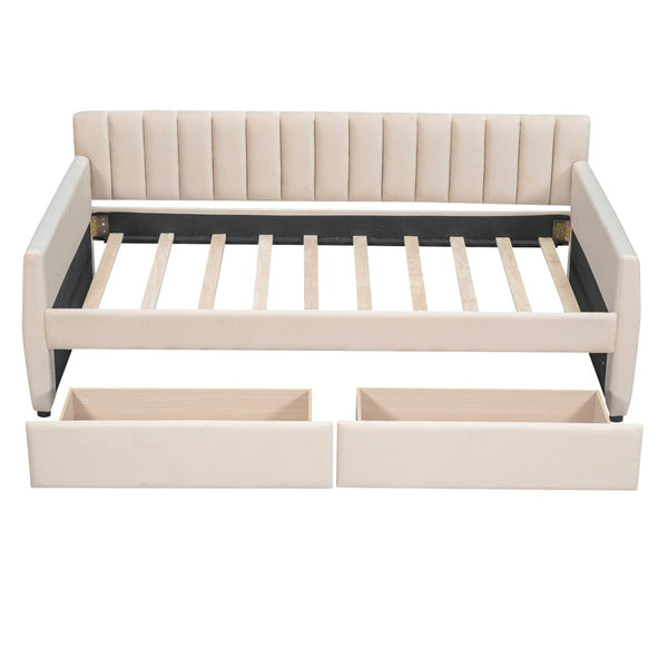 English Elm Twin Velvet Upholstered Daybed with Storage Drawers Wood Slat Base Guest Room Sofa Beige LP000120AAA