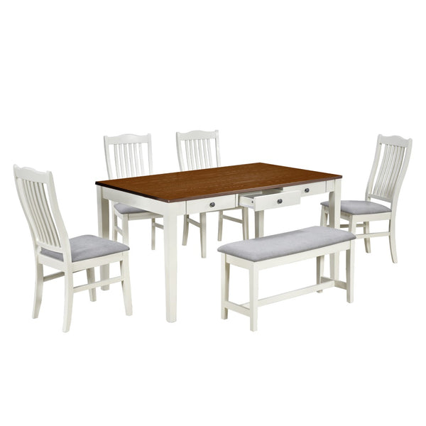 English Elm Topmax Mid-century Six Piece Rubberwood Dining Set with Storage Drawer and Upholstered Seating White N717S000006A