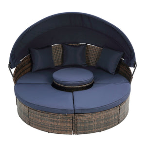 English Elm Hot KD Rattan Round Lounge Canopy Bed - All-Weather Wicker Daybed with Retractable Shade, Deep Seating Comfort and Removable Cushions Navy Blue W640S00034