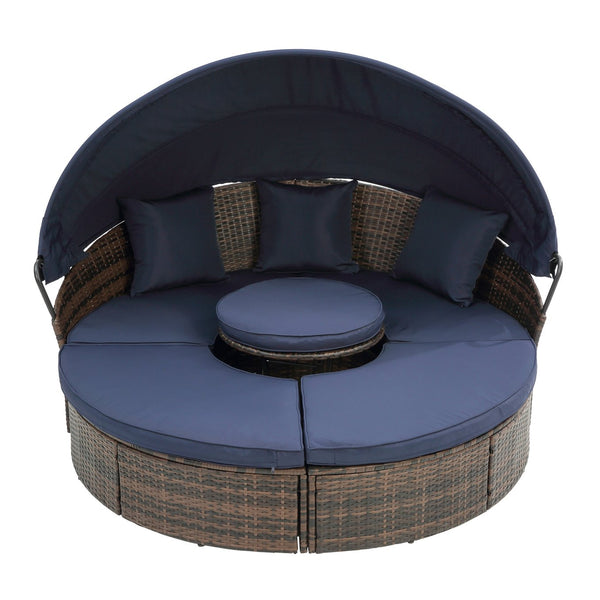 English Elm Hot KD Rattan Round Lounge Canopy Bed - All-Weather Wicker Daybed with Retractable Shade, Deep Seating Comfort and Removable Cushions Navy Blue W640S00034