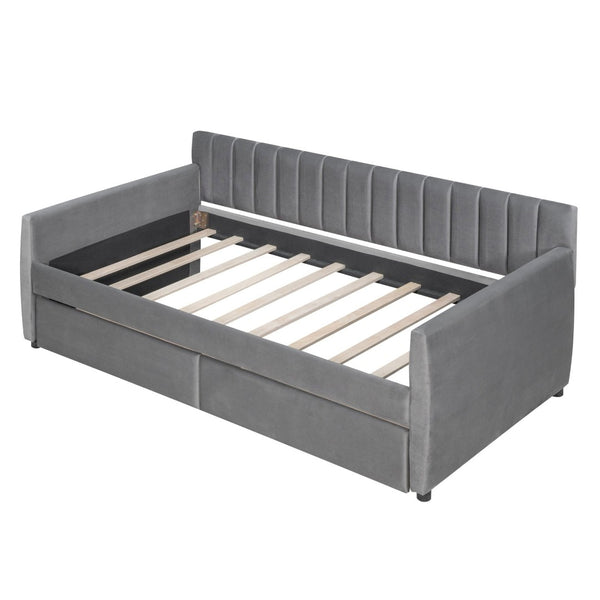 English Elm Twin Velvet Upholstered Daybed with Storage Drawers Wood Slat Base Guest Room Sofa Gray LP000120AAE