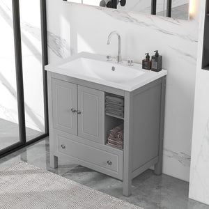 English Elm [Video] 30" Bathroom Vanity With Sink, Bathroom Storage Cabinet With Doors and Drawers, Solid Wood Frame, Ceramic Sink, Grey (Old Sku: Jl000002Aag)