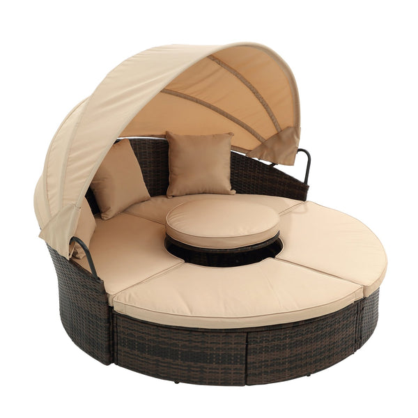 English Elm Hot KD Rattan Round Lounge Canopy Bed - All-Weather Wicker Daybed with Retractable Shade, Deep Seating Comfort and Removable Cushions Beige W640S00035