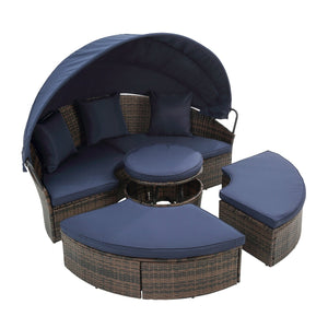 English Elm Hot KD Rattan Round Lounge Canopy Bed - All-Weather Wicker Daybed with Retractable Shade, Deep Seating Comfort and Removable Cushions Navy Blue W640S00034