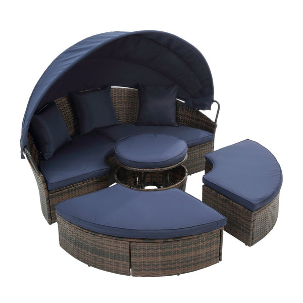 English Elm Hot KD Rattan Round Lounge Canopy Bed - All-Weather Wicker Daybed with Retractable Shade, Deep Seating Comfort and Removable Cushions Navy Blue W640S00034