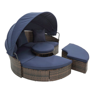 English Elm Hot KD Rattan Round Lounge Canopy Bed - All-Weather Wicker Daybed with Retractable Shade, Deep Seating Comfort and Removable Cushions Navy Blue W640S00034