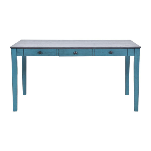 English Elm Topmax Mid-century Six Piece Rubberwood Dining Set with Storage Drawer and Upholstered Seating Blue N717S000006C