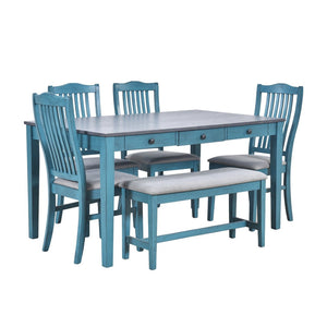 English Elm Topmax Mid-century Six Piece Rubberwood Dining Set with Storage Drawer and Upholstered Seating Blue N717S000006C