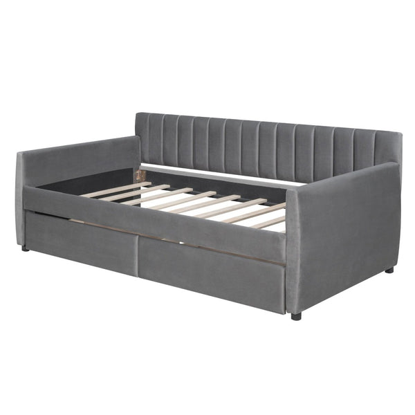English Elm Twin Velvet Upholstered Daybed with Storage Drawers Wood Slat Base Guest Room Sofa Gray LP000120AAE