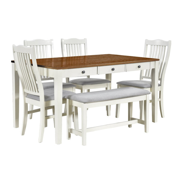 English Elm Topmax Mid-century Six Piece Rubberwood Dining Set with Storage Drawer and Upholstered Seating White N717S000006A