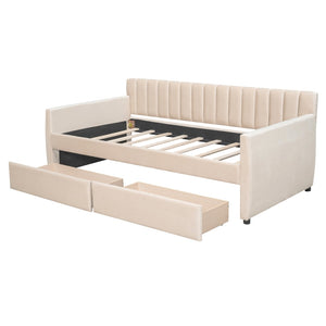 English Elm Twin Velvet Upholstered Daybed with Storage Drawers Wood Slat Base Guest Room Sofa Beige LP000120AAA