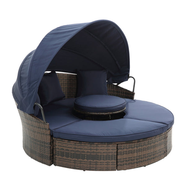 English Elm Hot KD Rattan Round Lounge Canopy Bed - All-Weather Wicker Daybed with Retractable Shade, Deep Seating Comfort and Removable Cushions Navy Blue W640S00034