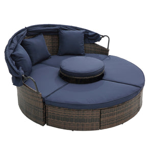 English Elm Hot KD Rattan Round Lounge Canopy Bed - All-Weather Wicker Daybed with Retractable Shade, Deep Seating Comfort and Removable Cushions Navy Blue W640S00034