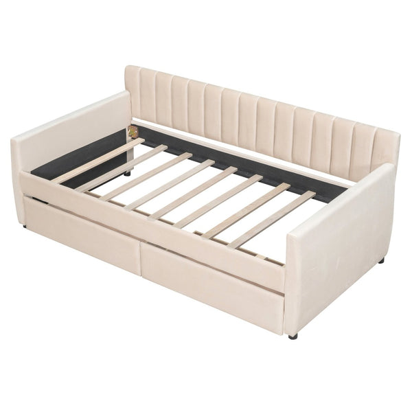 English Elm Twin Velvet Upholstered Daybed with Storage Drawers Wood Slat Base Guest Room Sofa Beige LP000120AAA