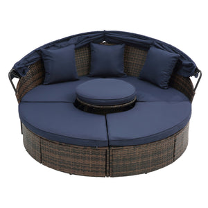 English Elm Hot KD Rattan Round Lounge Canopy Bed - All-Weather Wicker Daybed with Retractable Shade, Deep Seating Comfort and Removable Cushions Navy Blue W640S00034