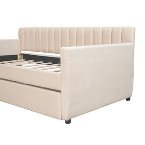 English Elm Twin Velvet Upholstered Daybed with Storage Drawers Wood Slat Base Guest Room Sofa Beige LP000120AAA