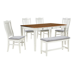 English Elm Topmax Mid-century Six Piece Rubberwood Dining Set with Storage Drawer and Upholstered Seating White N717S000006A