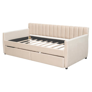 English Elm Twin Velvet Upholstered Daybed with Storage Drawers Wood Slat Base Guest Room Sofa Beige LP000120AAA