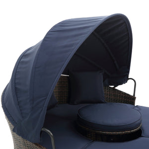 English Elm Hot KD Rattan Round Lounge Canopy Bed - All-Weather Wicker Daybed with Retractable Shade, Deep Seating Comfort and Removable Cushions Navy Blue W640S00034