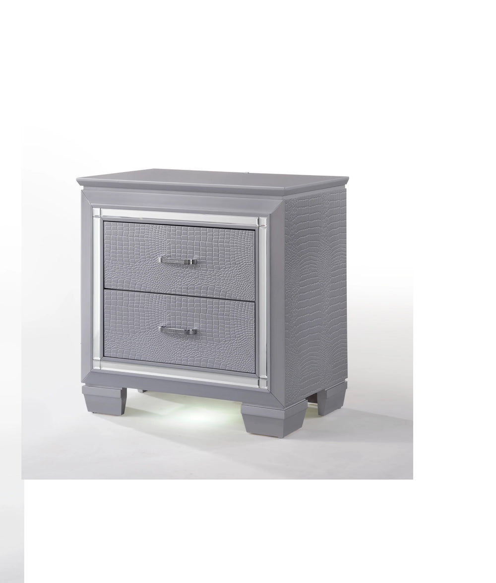 English Elm 1pc Glam Modern Two-Drawer Nightstand with Built-In Touch Night Light, Faux Crystal Pulls, Mirror Trim B01182431