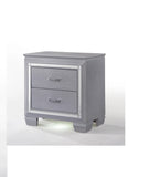 Modern Glam Nightstand w/ 2 Drawers, Night Light, Silver Crocodile Finish - Solid Wood Bedroom Furniture